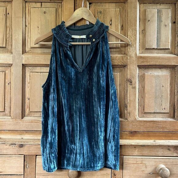 Marie Oliver Small Blouse Green Blue Velvet Tank V- Neck Button Ruffle‎ - Picture 1 of 6